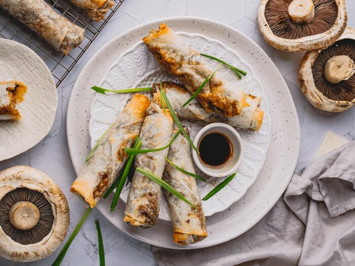 Air-fried mushroom and pork spring rolls