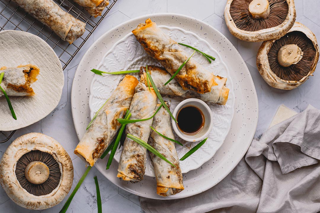 Air-fried mushroom and pork spring rolls