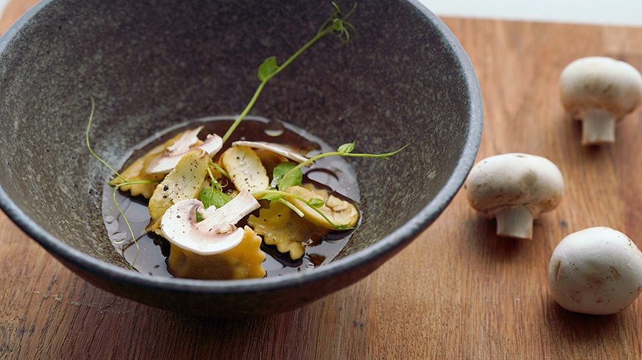 Mushroom & Chestnut Agnolotti with Burnt Onion Consommé