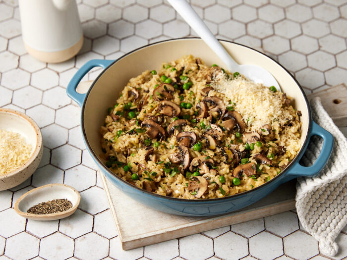 Swiss mushroom, leek, and pea risotto