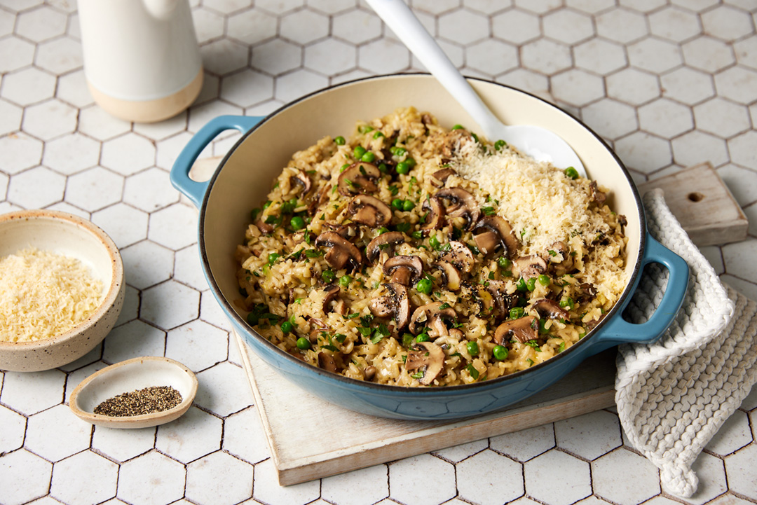 Swiss mushroom, leek, and pea risotto