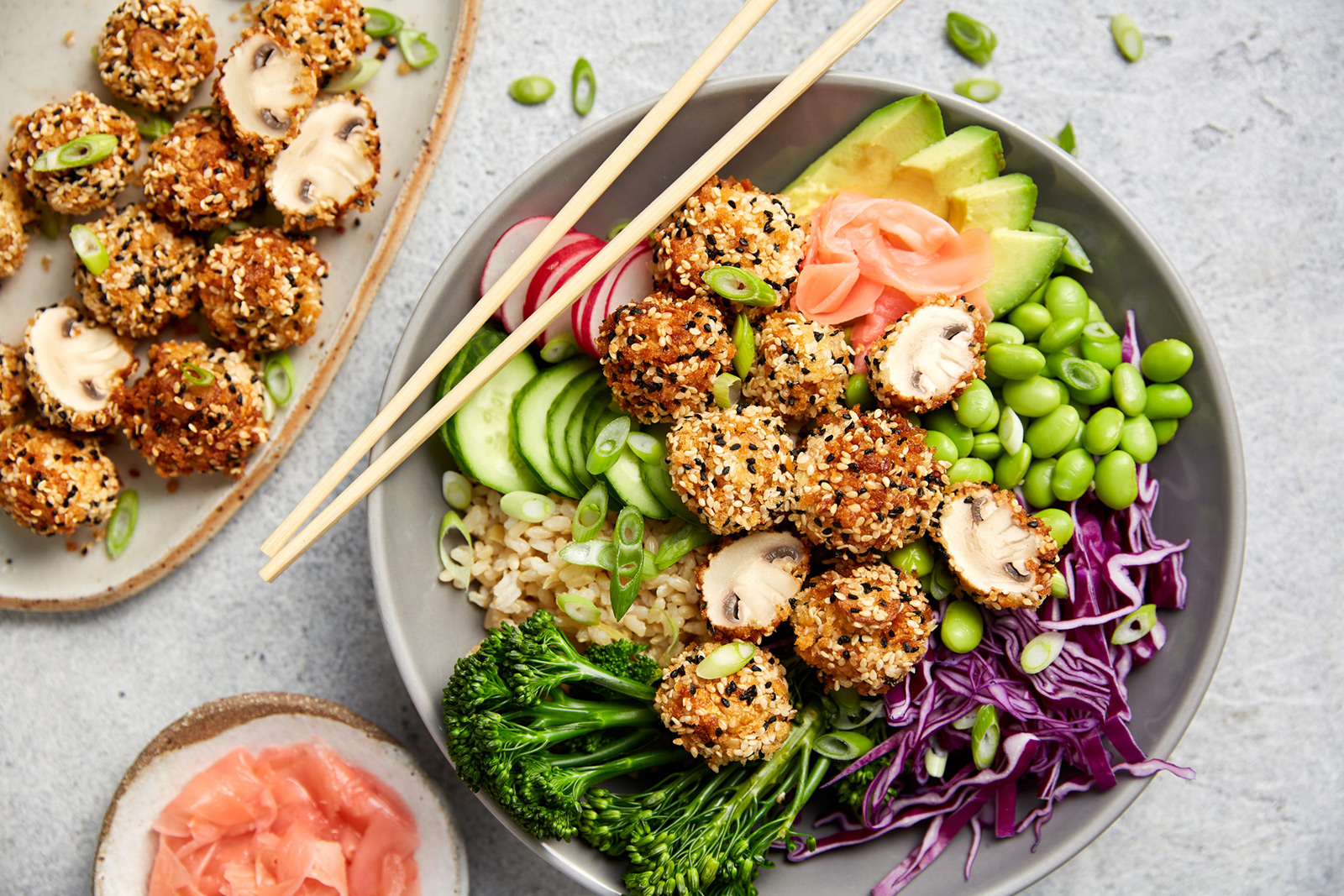 Crispy sesame-crusted mushroom poke bowl