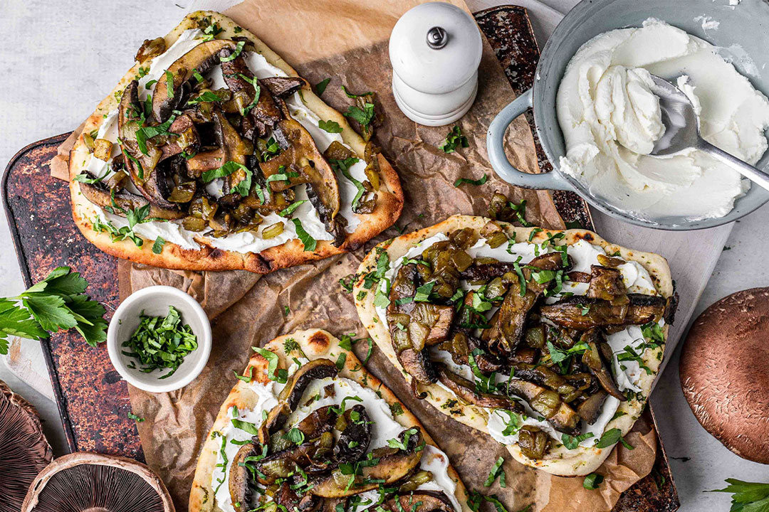 Curried Mushroom Naan With Labneh And Caramelised Onion