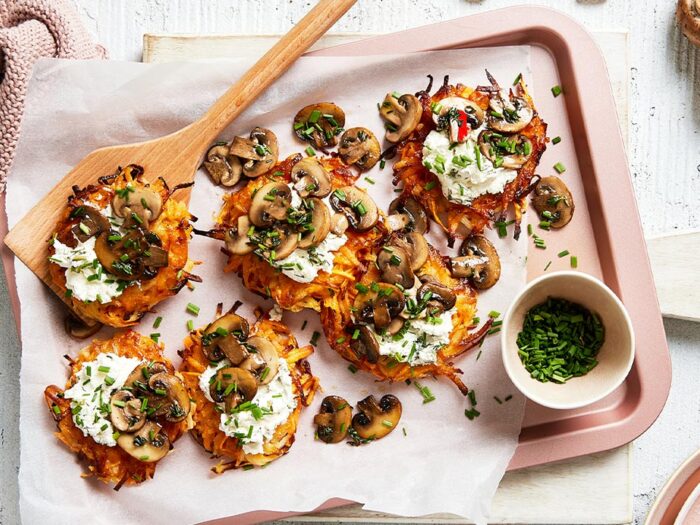 Grilled Thyme Mushrooms Served Over Crispy Rosti’s And Persian