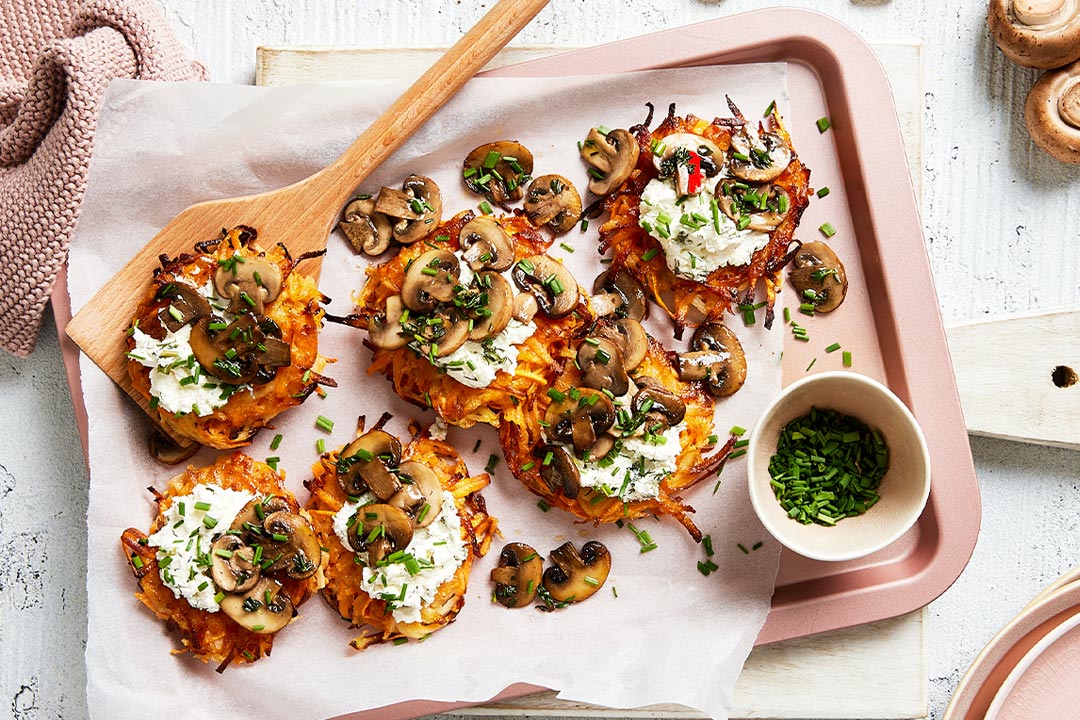 Grilled Thyme Mushrooms Served Over Crispy Rosti’s And Persian