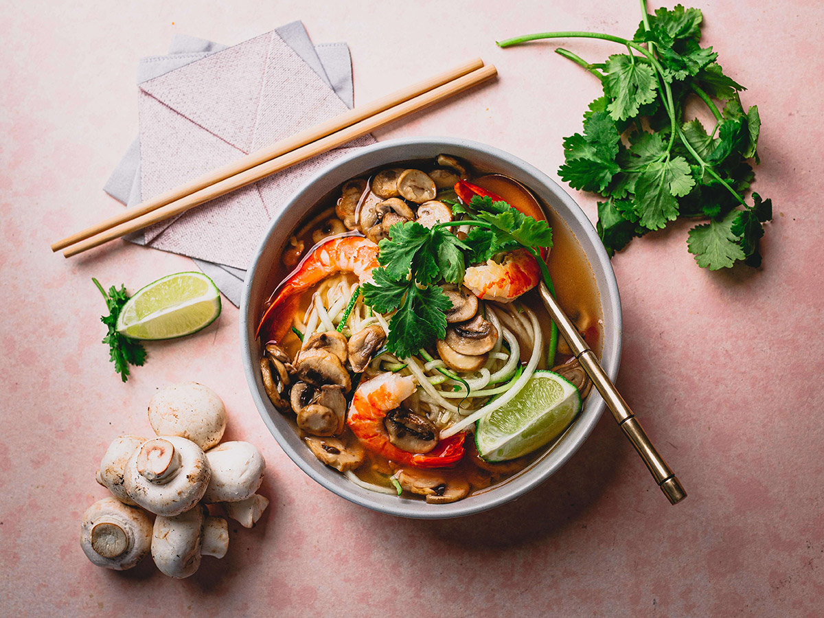 Mushroom & prawn Tom Yum with zucchini noodles