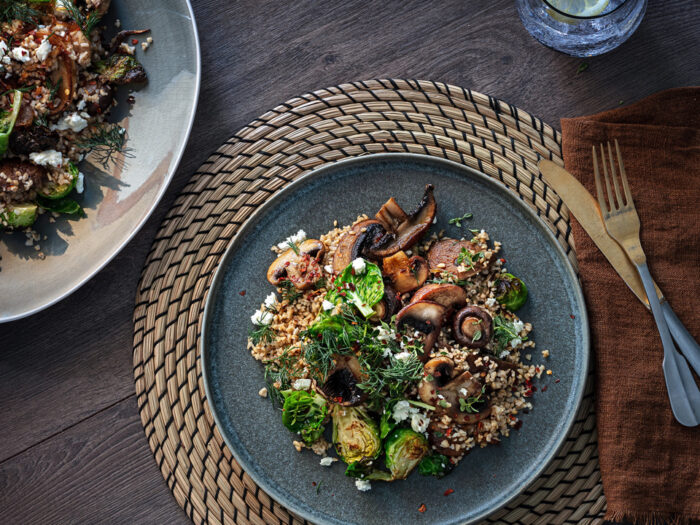 Mushroom, brussel sprout and bulgar wheat salad