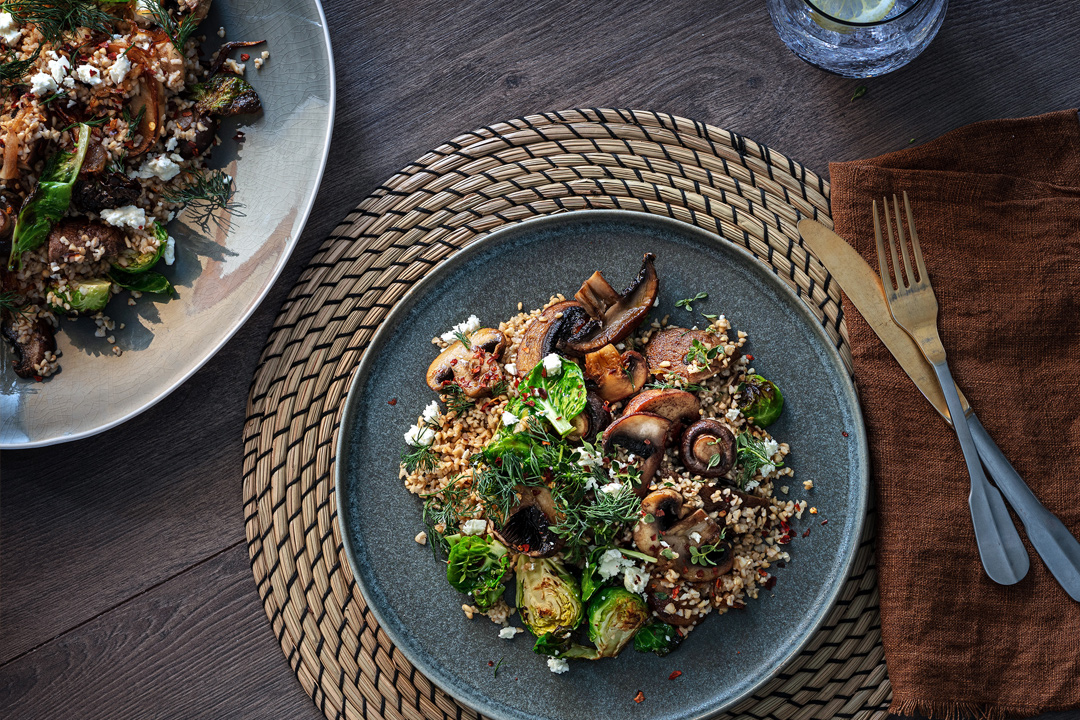 Mushroom, brussel sprout and bulgar wheat salad