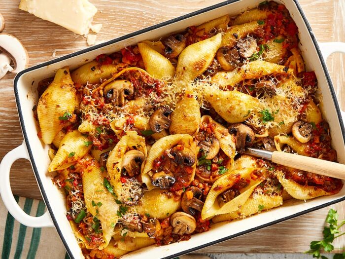 Mushroom ragu, pasta bake