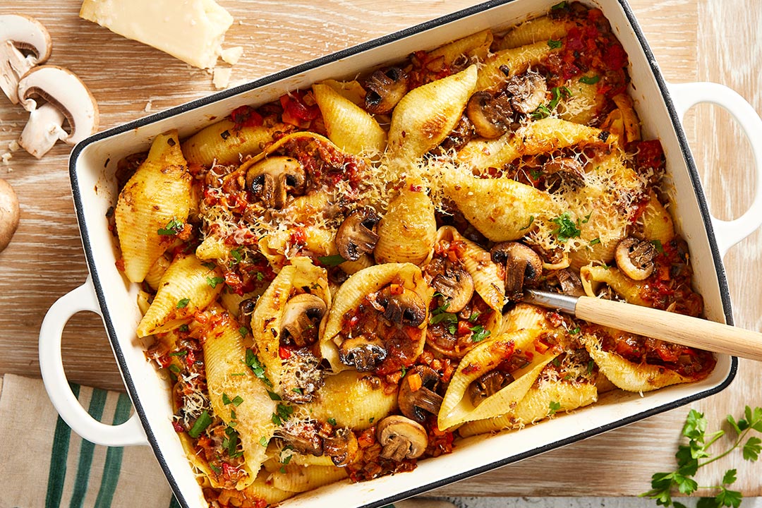 Mushroom ragu, pasta bake