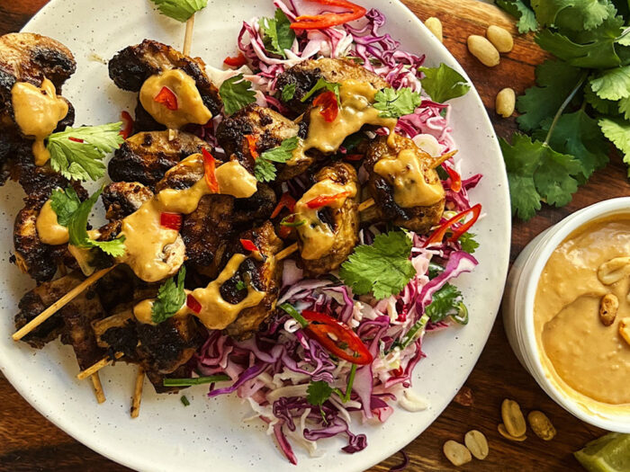 Mushroom satay skewers with slaw