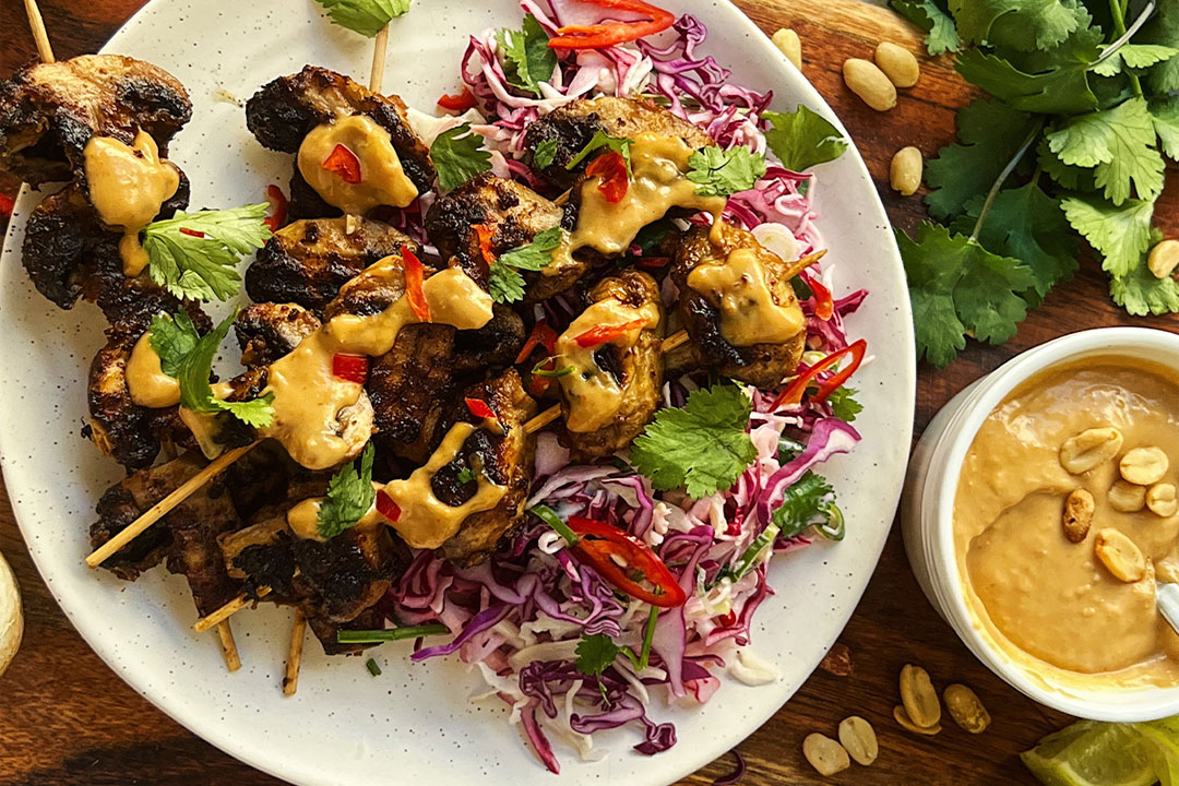 Mushroom satay skewers with slaw