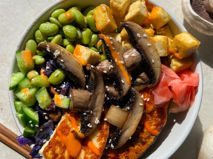 Warm tofu mushroom poke bowl