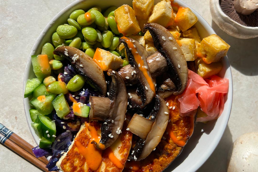 Warm tofu mushroom poke bowl